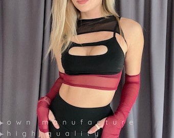 Top corto de malla negra con mangas desmontables y detalles en rojo oscuro / Top de baile Y2K transparente para pole dance, exótico, atuendo para festivales rave