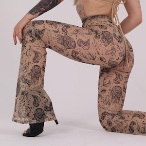 Beige Woman Mesh Pants,Fake Tattoo Crochet Dance Pants,Stretch Flared Pants,See Through Fishnet Trousers,Festival/Carnival Burning Man Pants