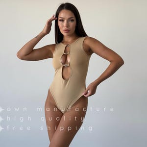 Beige pole dance wear bodysuit,decollete dance costume,stripper outfit catsuit,exotic dance wear leotard,dance set,exotic outfit bodysuit