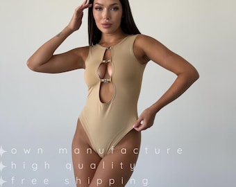 Beige Pole Dancewear Leotard — Decollete Costume Catsuit with Stripper Performance Set and Exotic Style Bodysuit
