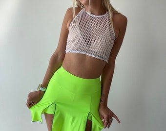 Neon Green Festival Wear — Stylish Coachella Burning Man Rave Clothing with Skirt Look for Women