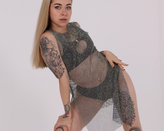 Vestido túnica de diamantes de imitación hecho a mano / traje de malla transparente de cristal para pole dance, exótico, rave, moda de festivales, ropa de club y espectáculos en el escenario
