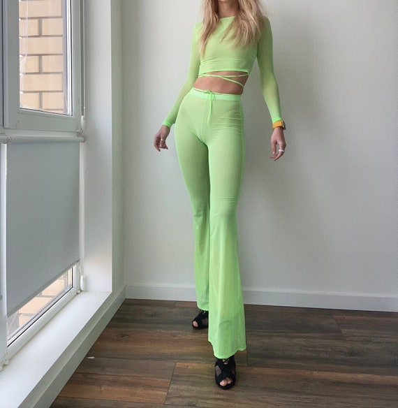 Neon Green Stretchy Dancewear Fine Mesh Flared Pants, Soft Elastic