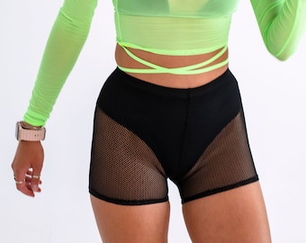 Black mesh shorts for women | see through dance pole twerk exotic heels shorts, crochet  festival rave clubwear