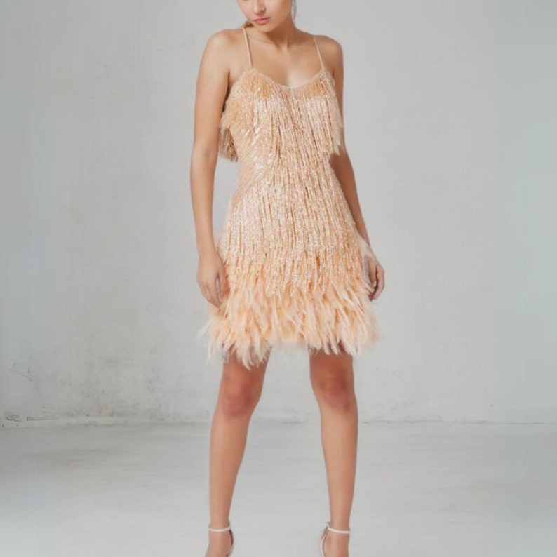 Gold Tassel Sequin Mini Dress Sparkly Fringe Cami Dress Bachelorette Party Dress V Neck Evening Dress Off Shoulder Dress Gift image 7