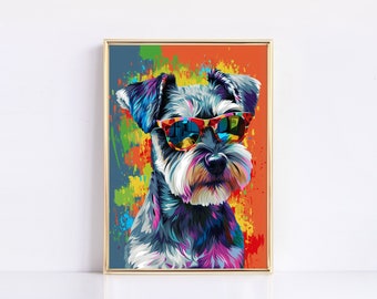 Dog Wearing Sunglasses, Pop Art Poster, Cute Schnauzer Print, Colourful Wall Painting, Home Decor Gifts, Handmade Picture Wall Hanging