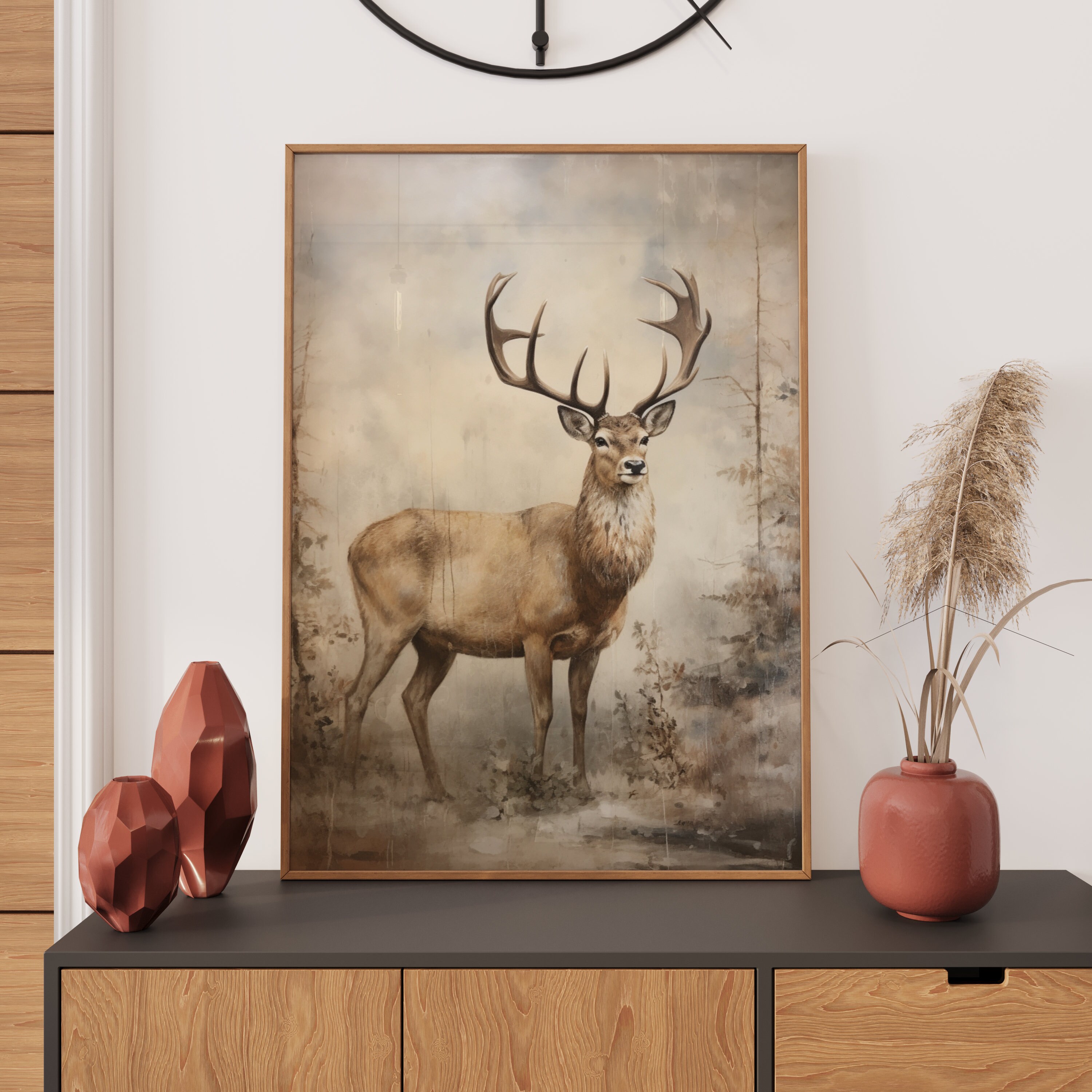 Vintage Rustic Deer Painting, Country Home Wall Decor, Wildlife Print ...