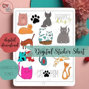 May include: A digital sticker sheet with 15 cat-themed stickers. The stickers feature various cats in different poses and colors, including a pink cat with a flower, a gray cat with a paw print, and a cat with the text "Purrfect Day". The sheet also includes a paw print and the text "Cat Mom".