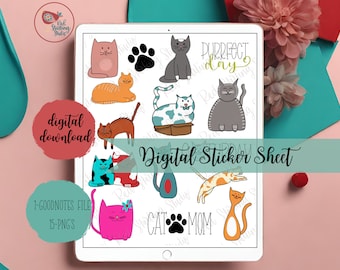 Naklejki Cute Cat, Naklejki cyfrowe do planowania cyfrowego, Naklejki Good Notes, Naklejki dla zwierząt, Naklejki wstępnie przycięte do goodnotes