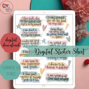May include: Digital sticker sheet with 24 positive affirmations. The stickers feature colorful watercolor backgrounds and handwritten text. The affirmations include "I live each day to the fullest", "I am grateful for all the good in my life", "I am kind and compassionate to myself and others", "I easily let go of negative thoughts", "I am happy and peaceful", "I am open to new experiences and growth", "I love and approve of myself just as I am", "I deserve to be happy and fulfilled", "I am worthy of love and respect", "Every day in every way I'm getting better and better", "I am grateful for who I am and what I have", "I am full of vitality and energy".