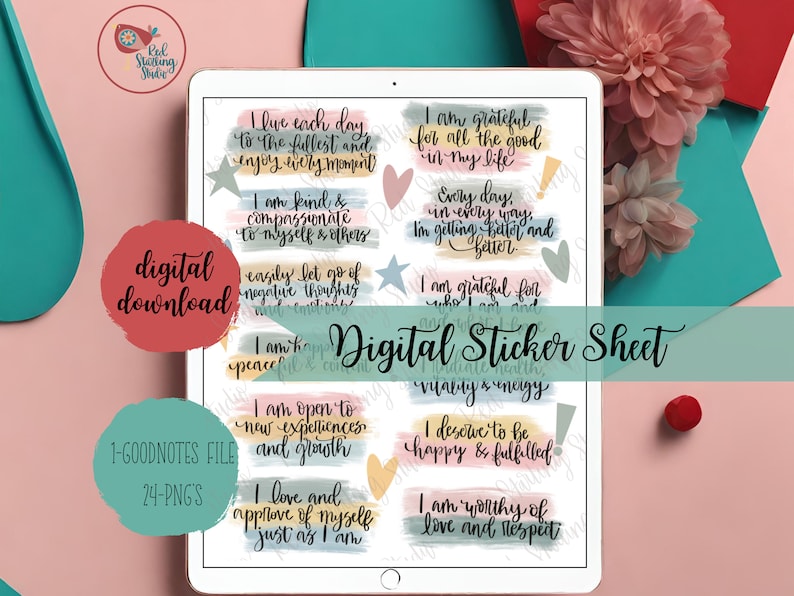 May include: Digital sticker sheet with 24 positive affirmations. The stickers feature colorful watercolor backgrounds and handwritten text. The affirmations include "I live each day to the fullest", "I am grateful for all the good in my life", "I am kind and compassionate to myself and others", "I easily let go of negative thoughts", "I am happy and peaceful", "I am open to new experiences and growth", "I love and approve of myself just as I am", "I deserve to be happy and fulfilled", "I am worthy of love and respect", "Every day in every way I'm getting better and better", "I am grateful for who I am and what I have", "I am full of vitality and energy".