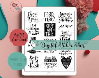 Palabras fieles 4 Hoja de pegatinas digitales para buenas notas, pegatinas digitales cristianas, pegatinas de diario bíblico, pegatinas digitales en blanco y negro