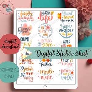 May include: Digital sticker sheet with 15 colorful stickers featuring inspirational quotes and phrases. The stickers are designed in a modern, hand-lettered style with floral accents.