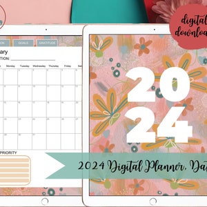 May include: A digital planner for 2024 with a floral design in shades of pink, orange, and green. The planner includes a calendar for January with sections for vision, goals, and gratitude. The text "2024 Digital Planner, Dated" is at the bottom of the image.