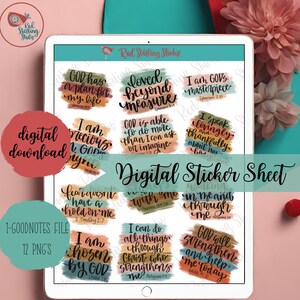 May include: Digital sticker sheet with 12 inspirational quotes in a colorful watercolor style. The quotes include "God has a plan for my life", "Loved beyond measure", "I am God's masterpiece", "God is able to do more than I can ask or imagine", "I speak lovingly and thankfully about you", "Fearless, I have a hold on me", "With me", "In me and through me", "I can do all things through Christ who strengthens me", "God will strengthen and help me today", "I am chosen by God".
