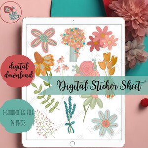 Könnte beinhalten: Digitaler Stickerbogen mit 14 floralen Illustrationen in verschiedenen Farben und Stilen. Der Bogen enthält Blumen, Blätter und einen Strauß. Der Text "Digitaler Stickerbogen" befindet sich oben auf dem Bogen.