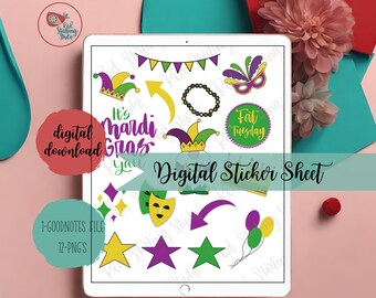 Hoja de pegatinas digitales de Mardi Gras, pegatinas dibujadas a mano, pegatinas de Mardi Gras para buenas notas