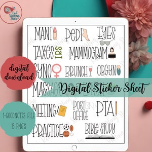 May include: Digital sticker sheet with 15 PNGs for Goodnotes. The sheet includes icons and text for appointments, meetings, and other events.  Some of the icons include a manicure, pedicure, eye exam, taxes, mammogram, gynecologist appointment, brunch, obstetrician appointment, massage, meeting, post office, PTA, practice, and bible study.