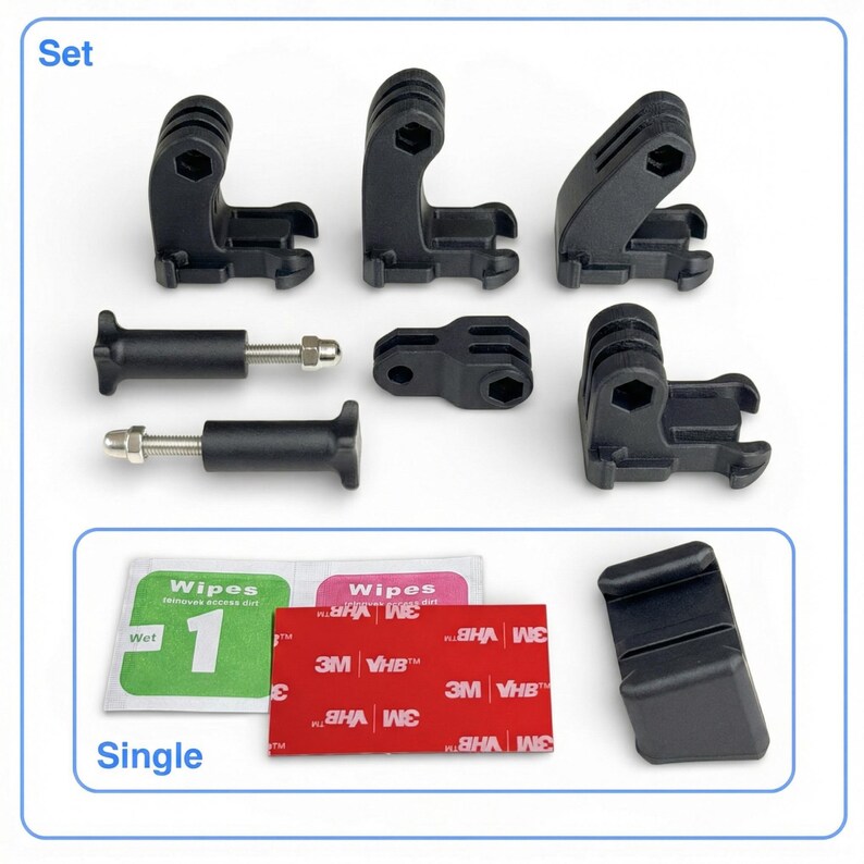 Pu&ograve; includere: Un set di supporti e accessori neri per action camera, tra cui diverse staffe, bulloni e cuscinetti adesivi. Le parole "Set" e "Single" sono stampate sull'immagine.