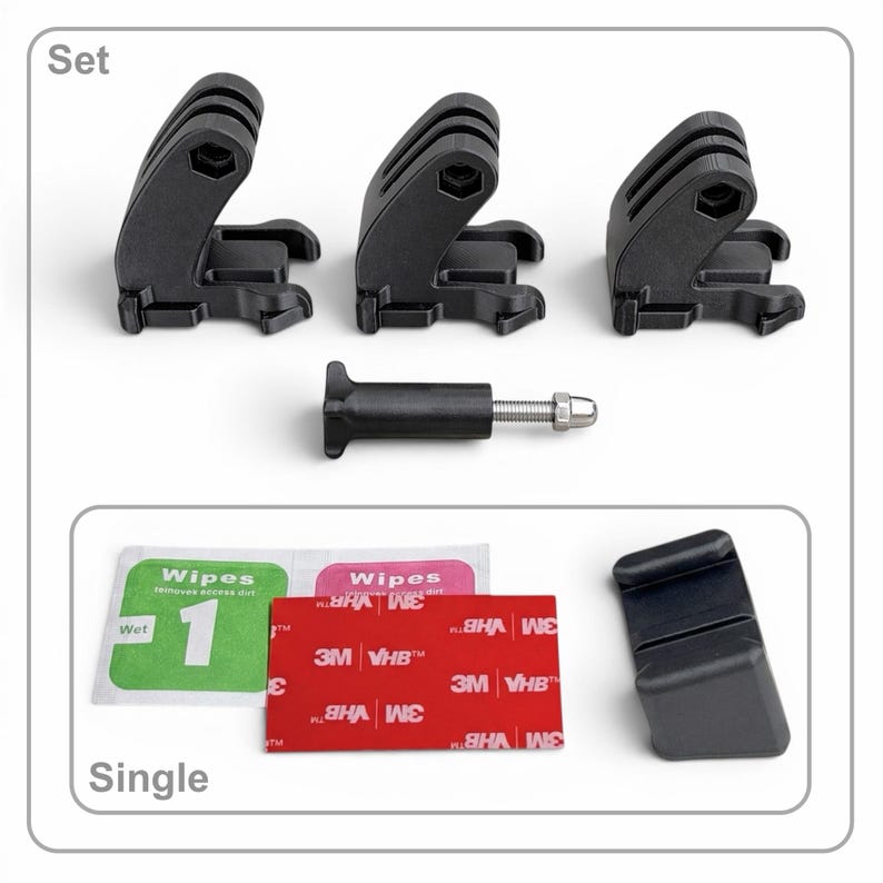Puede incluir: Un conjunto de soportes y accesorios negros para c&aacute;maras de acci&oacute;n. El conjunto incluye tres soportes, un tornillo, un soporte individual, almohadillas adhesivas y toallitas de limpieza. La palabra "Set" est&aacute; impresa encima de los soportes, y "Single" debajo.