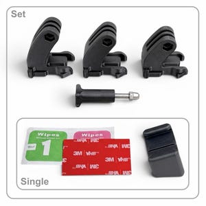 May include: A set of black action camera mounts and accessories. The set includes three mounts, a screw, a single mount, adhesive pads, and cleaning wipes. The word "Set" is printed above the mounts, and "Single" is printed below the accessories.