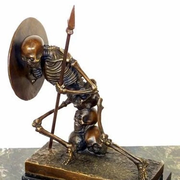 Moderne Bronzefigur - Skelett Krieger auf Marmorsockel - Milo - Tattoo deko - Tod Bronzestatue - Skull