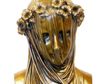 Large bronze bust on marble - The Veiled Virgin - Giovanni Strazza - La Virgine Velata - Garden sculpture - Female bust - Signed