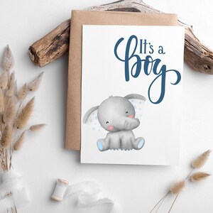 Biglietto per nascita bambino personalizzato, accessorio regalo con design animale elefante / biglietto d'auguri bianco A2 e busta Kraft, messaggio personalizzato all'interno