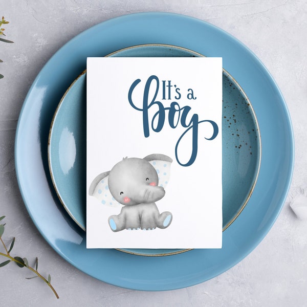 Boy Baby Shower Table Cards Custom Wording, "It's a Boy" w/ Elephant | Pastel Blue Party Accessories Personalized Printed Pre-Cut Cards 5x7