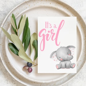 Meisje baby shower tafelkaarten gepersonaliseerd met olifant dier, Pasen pastel roze cadeau accessoire | Aangepaste formulering gedrukte en voorgesneden kaarten 5x7