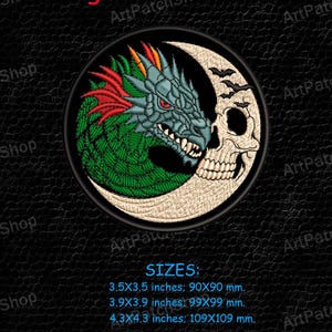 May include: Embroidered patch featuring a dragon and a skull within a crescent moon. The dragon is green, teal, and red. The text "Dragon with a Moon" is at the top. Available sizes are 3.5x3.5 inches, 3.9x3.9 inches, and 4.3x4.3 inches.