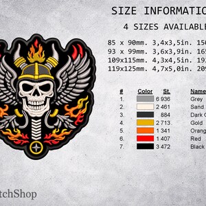 May include: Embroidered patch featuring a skull wearing a horned helmet with wings and flames. The patch is black with grey, gold, orange, and red accents. Size information is included, with the largest size being 4.7 x 5.0 inches.