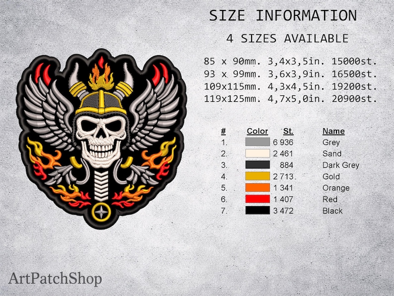 May include: Embroidered patch featuring a skull wearing a horned helmet with wings and flames. The patch is black with grey, gold, orange, and red accents. Size information is included, with the largest size being 4.7 x 5.0 inches.