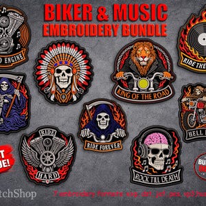 Può includere: Una collezione di toppe ricamate con temi biker e musicali. I disegni includono teschi, motociclette, un leone su una moto, un motore sonoro e un disco in vinile. Le toppe presentano testi come "Ride Hard" e "Rock Till Death".