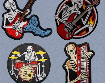 Rock Band Skeleton Patch Set – Guitar, Drums & Piano Playing Skeletons – 4 Iron-On Embroidered Music Appliqués for Jackets and Vests