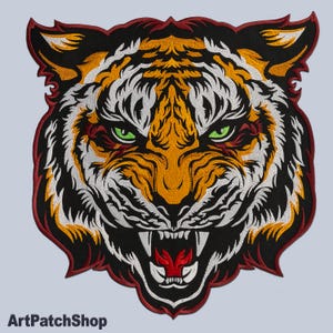 Wilder Tigerkopf Aufnäher - großer Dschungel-Raubtier Aufnäher für Jacken, Westen und Jacken. In verschiedenen Größen erhältlich.
