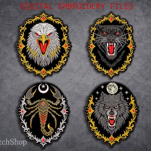 May include: Four digital embroidery files featuring detailed animal designs. The designs include an eagle, a panther, a scorpion, and a wolf, each with a fierce expression. The text "DIGITAL EMBROIDERY FILES" and "ArtPatchShop" are visible.
