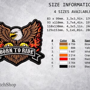 May include: Embroidered patch featuring a majestic eagle with outstretched wings and flames. The patch reads "BORN TO RIDE" in white lettering. Available in four sizes, the largest is 5.1 x 6.0 inches. Colors include brown, yellow, white, orange, red, and black.