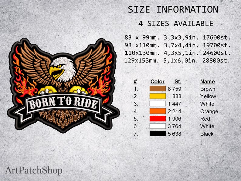 May include: Embroidered patch featuring a majestic eagle with outstretched wings and flames. The patch reads "BORN TO RIDE" in white lettering. Available in four sizes, the largest is 5.1 x 6.0 inches. Colors include brown, yellow, white, orange, red, and black.