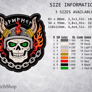 May include: Embroidered patch featuring a skull wearing a horned helmet with flames and chain details. The patch includes the text "HAMPME+" and size information: 3.3x3.5in, 3.8x3.9in, and 4.4x4.5in.