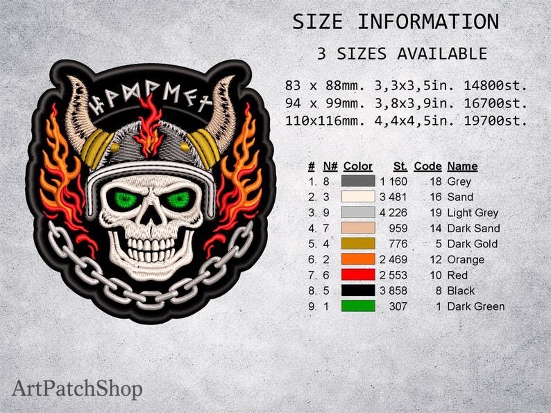 May include: Embroidered patch featuring a skull wearing a horned helmet with flames and chain details. The patch includes the text "HAMPME+" and size information: 3.3x3.5in, 3.8x3.9in, and 4.4x4.5in.