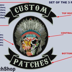 Custom Embroidery Patch Service. Set of 3 Large Patches for Jacket. Several sizes available. Central Part and two rockers. Backing Iron on.