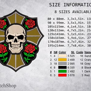 May include: Embroidered patch featuring a skull with a cross design, surrounded by red roses and green leaves. The patch includes size and color information. The patch is available in 8 sizes, ranging from 3.3x3.5 inches to 7.7x8.4 inches.