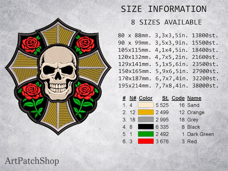 May include: Embroidered patch featuring a skull with a cross design, surrounded by red roses and green leaves. The patch includes size and color information. The patch is available in 8 sizes, ranging from 3.3x3.5 inches to 7.7x8.4 inches.