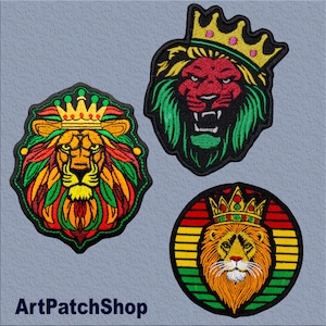 Parches de león rasta: 3 insignias bordadas para planchar, cabezas de león coronadas estilo reggae, tamaño de bolsillo