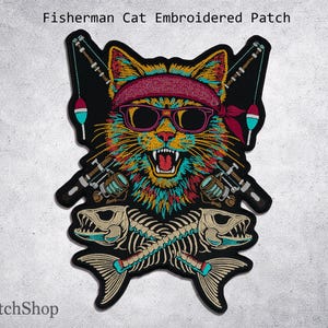 May include: Embroidered patch featuring a colorful cat wearing sunglasses and a bandana, holding fishing rods. The patch includes crossed fish skeletons and the text "Fisherman Cat Embroidered Patch" and "ArtPatchShop".