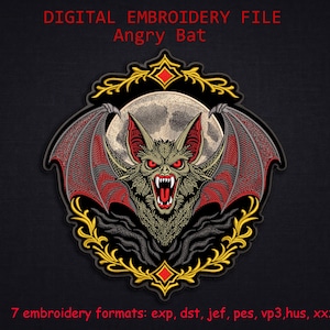 Op de afbeelding: Digitaal borduurpatroon met een boos vleermuisontwerp. De vleermuis heeft rode vleugels en een dreigende uitdrukking, tegen een volle maan. Het ontwerp is omlijst door een goud-zwarte decoratieve rand. De tekst bovenaan luidt "DIGITAL EMBROIDERY FILE Angry Bat".