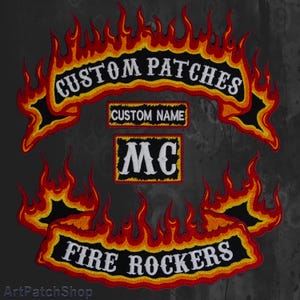 Custom Biker Rocker Patches – Personalized Flame Back Patch Set for Motorcycle Jackets & Vests. Several sizes available. Backing iron on.