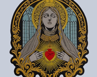 May include: Embroidered patch featuring a religious figure with a crown and halo, holding a red heart. The design includes gold, black, gray, and blue colors, with the text "ArtPatchShop" at the bottom.