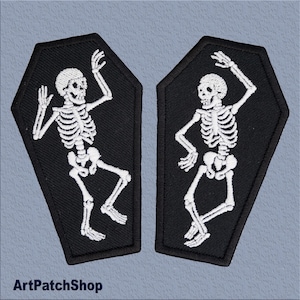 Dancing Skeleton Coffin Patch Set – Embroidered Goth Iron-On Badges for Jackets, Jeans, and Halloween Vibes. Size 3.7x2,4 inches one.